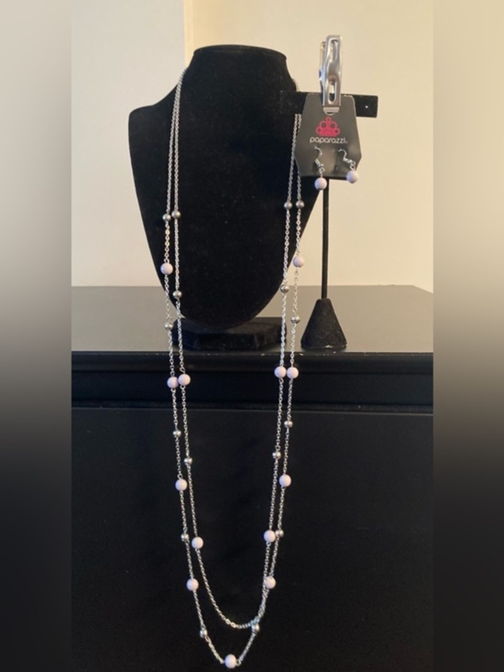 paparazzi Silver Layered Necklace with Light Pink Beads and Matching Earrings